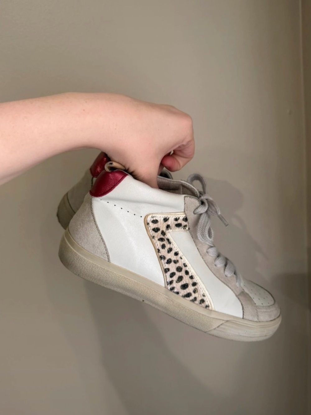 ShuShop White Leather Sneakers with Leopard Accent and Red Heel